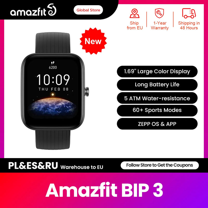 New Amazfit Bip 3 Smartwatch 1.69‘’ Screen 60 Sports Modes Blood-oxygen Saturation Measurement Smart Watch For Android IOS Phone