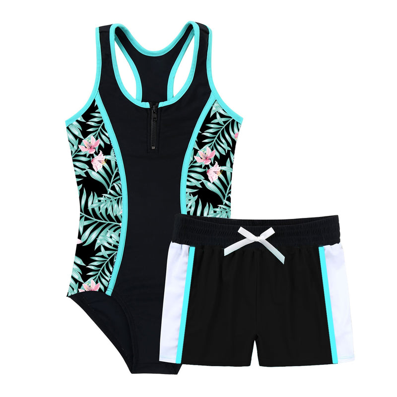 2Pcs Kids Girls Brazilian Swimming Suits One-piece Sleeveless Racer Back Jumpsuit and Boyshorts Set Beach Swimwear Bathing Suits