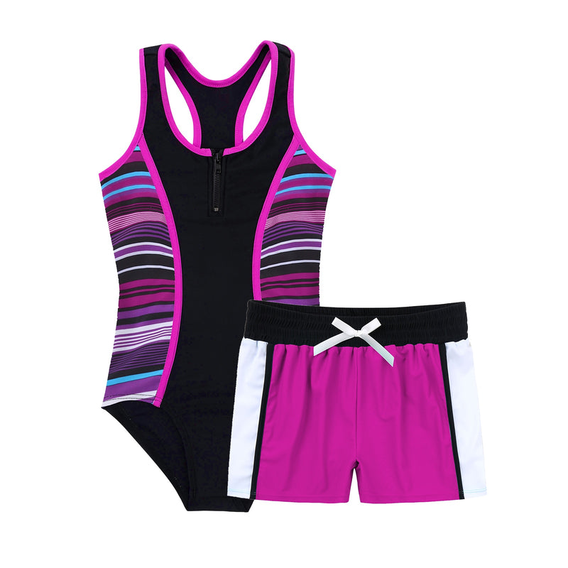 2Pcs Kids Girls Brazilian Swimming Suits One-piece Sleeveless Racer Back Jumpsuit and Boyshorts Set Beach Swimwear Bathing Suits