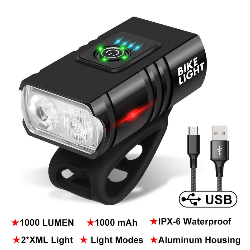 LED para bicicleta 1000LM USB recarregável Mostrador de energia MTB