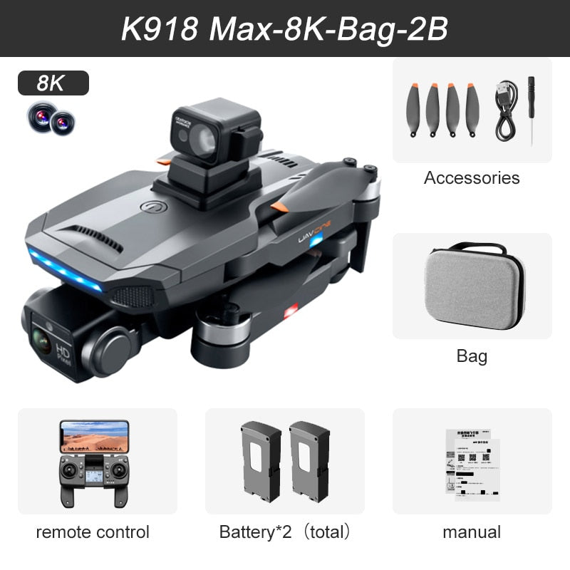 2023 New K918 MAX GPS Drone 4K Professional Obstacle Avoidance 8K DualHD Camera Brushless Foldable Quadcopter RC Distance 1200M