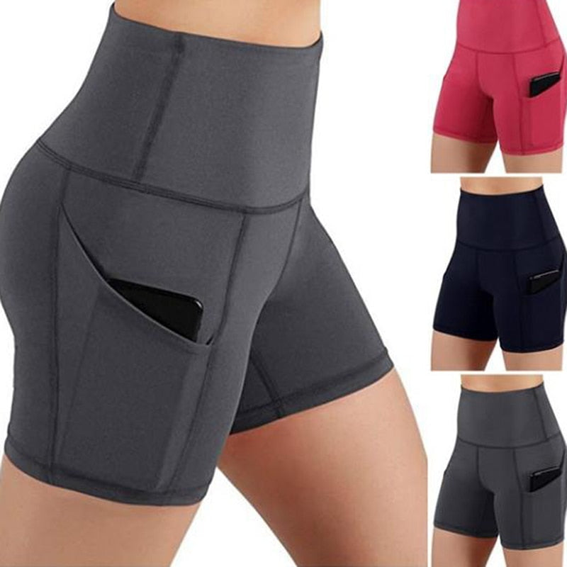 Shorts de alta compressão levantamento de cintura alta, bolso esportivo