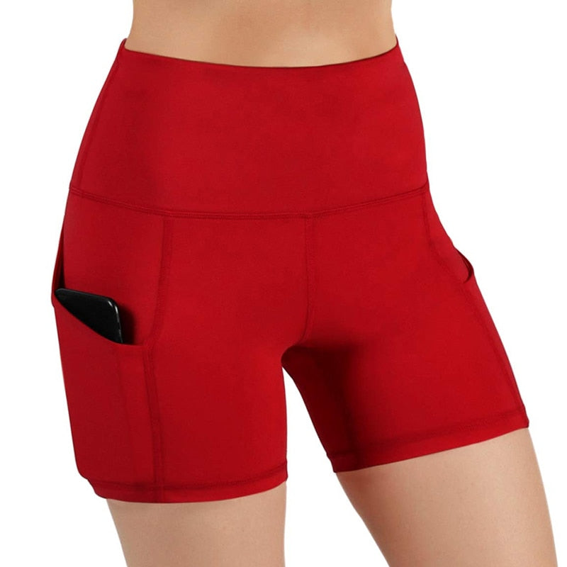 Shorts de alta compressão levantamento de cintura alta, bolso esportivo