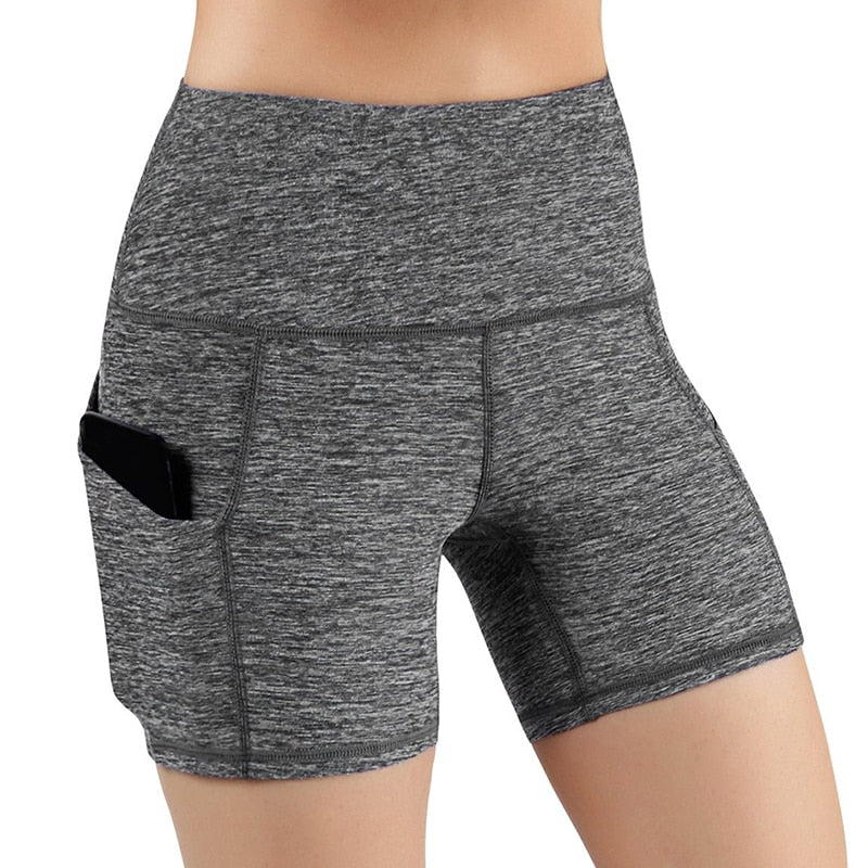 Shorts de alta compressão levantamento de cintura alta, bolso esportivo