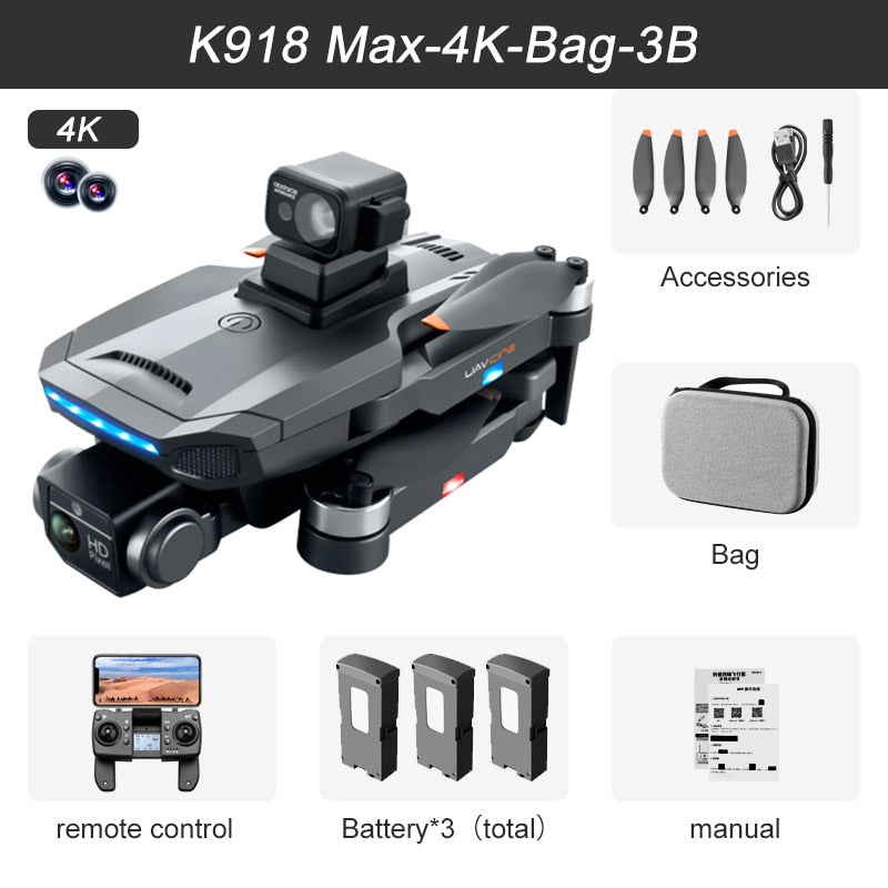 2023 New K918 MAX GPS Drone 4K Professional Obstacle Avoidance 8K DualHD Camera Brushless Foldable Quadcopter RC Distance 1200M