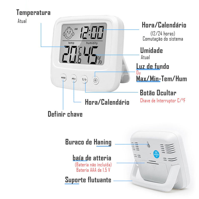 termômetro interno e externo, higrômetro com despertador, monitor de umidade do tempo