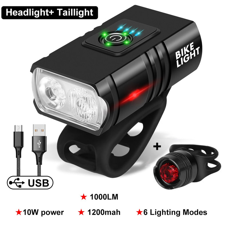 LED para bicicleta 1000LM USB recarregável Mostrador de energia MTB