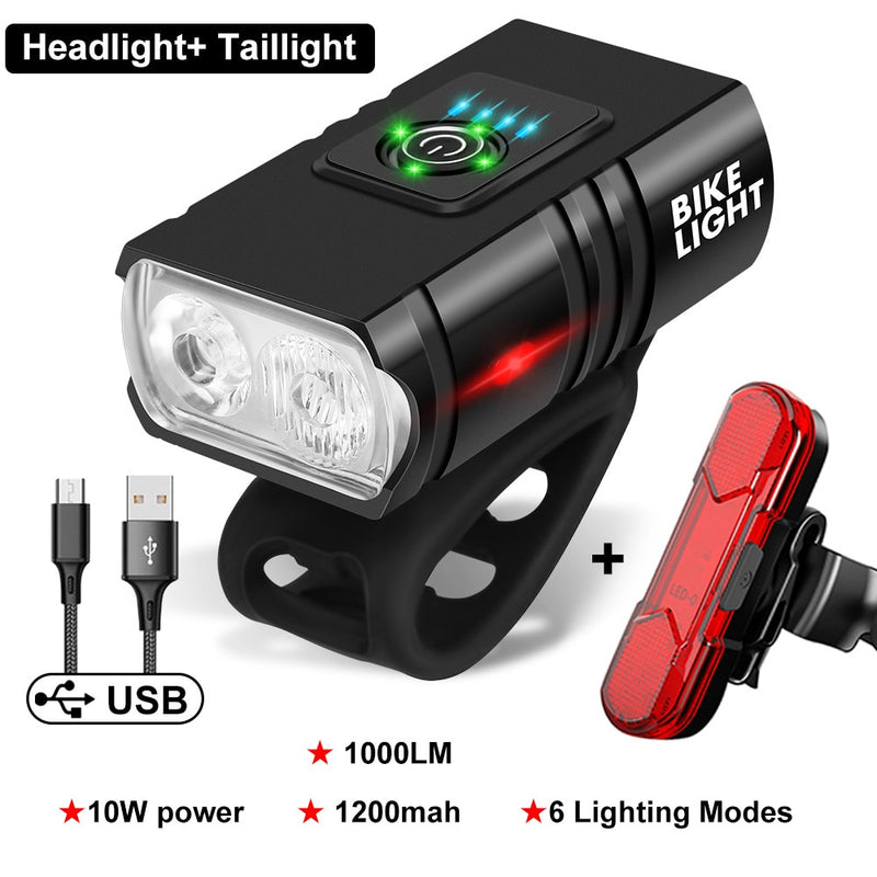 LED para bicicleta 1000LM USB recarregável Mostrador de energia MTB