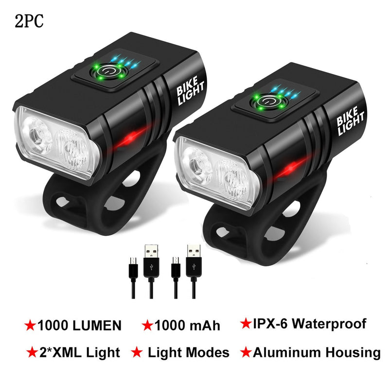 LED para bicicleta 1000LM USB recarregável Mostrador de energia MTB