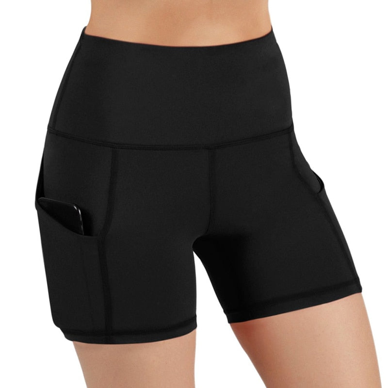 Shorts de alta compressão levantamento de cintura alta, bolso esportivo