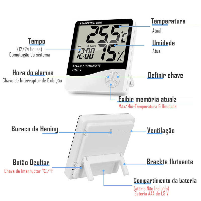 termômetro interno e externo, higrômetro com despertador, monitor de umidade do tempo